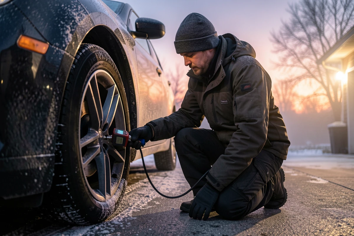 Autoilija tarkistaa rengaspaineita talvi-iltana.