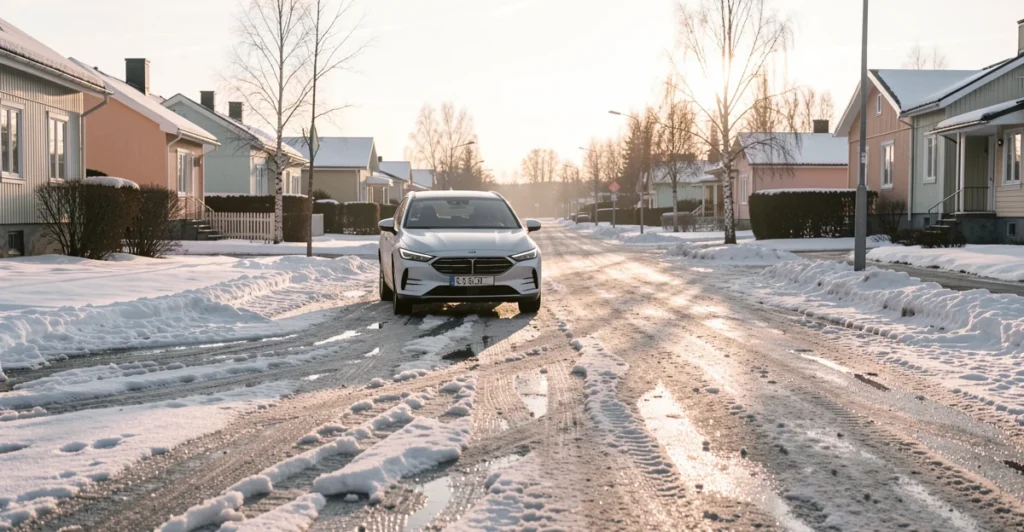 Auto pysäköitynä lumisohjoiselle pientalokadulle Suomessa iltahämärässä.